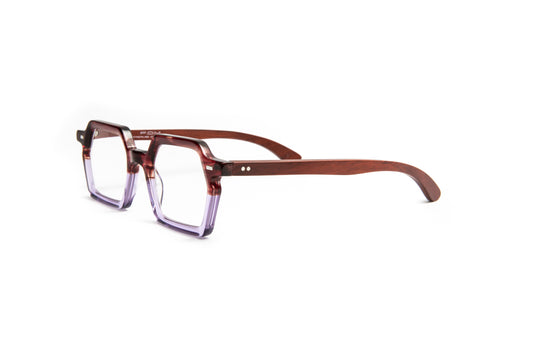Tokyo square designer reading glasses with havana and transparent lilac acetate and cherry wood temples by Eyejets