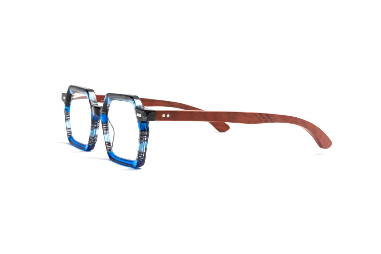 Tokyo square blue and black striped reading glasses with cherry wood temples for men and women by Eyejets