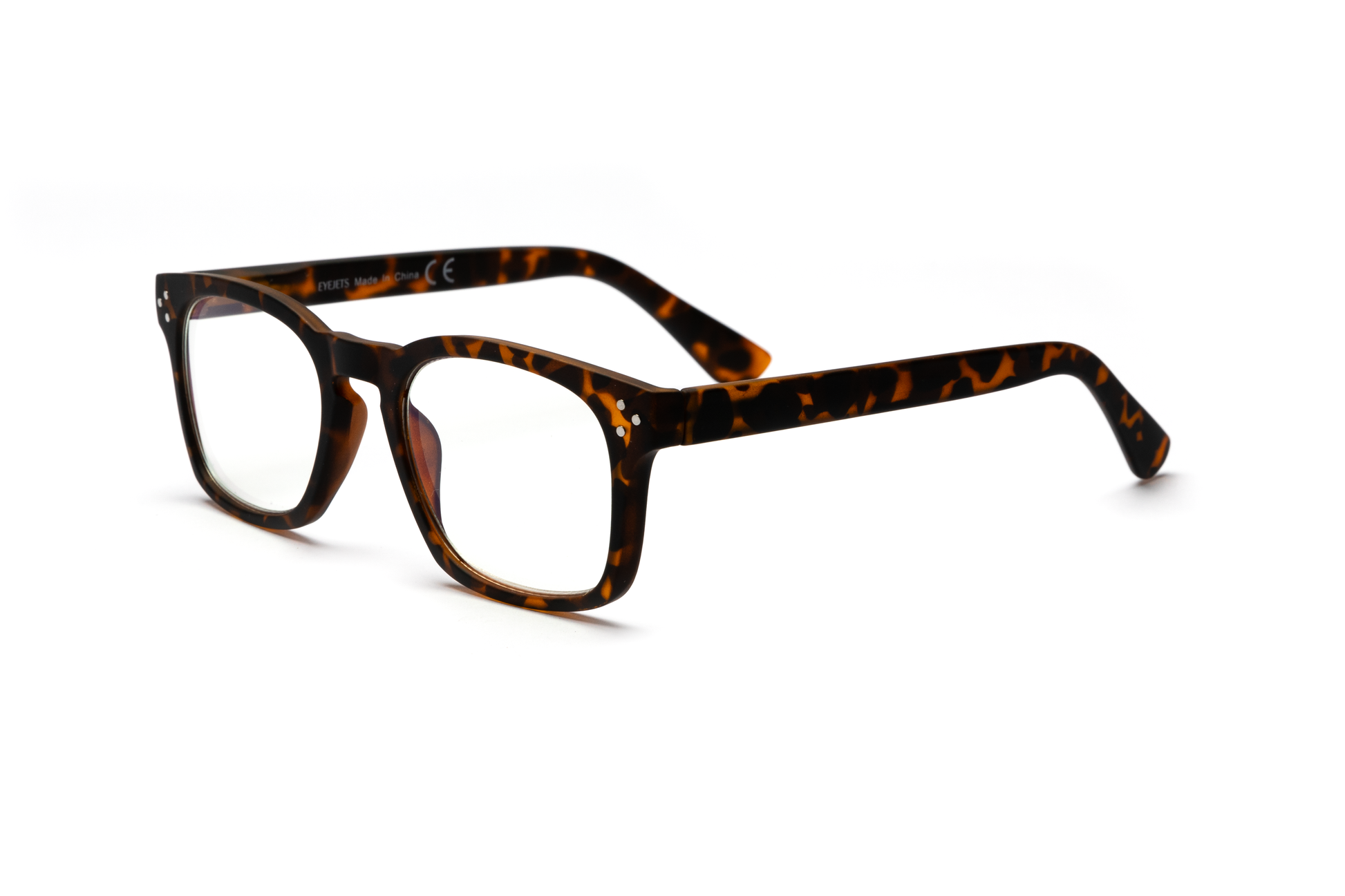 Men’s square reading and blue light glasses with a pantos-shaped nose bridge in a matte tortoise finish displayed on a white background. The smooth rubberized matte texture and clean lines give the frame a modern, masculine, and sophisticated look.