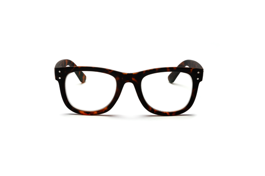 Matte tortoise wayfarer reading and blue light glasses displayed on a white background, showcasing the classic shape and rubberized texture for a modern, masculine look.