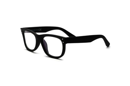 Men’s wayfarer reading and blue light glasses in a matte black finish, displayed on a white background. The clean lines and rubberized texture create a strong, masculine, and timeless look.