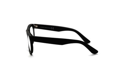 Men’s wayfarer reading and blue light glasses in a matte black finish, displayed on a white background. The clean lines and rubberized texture create a strong, masculine, and timeless look.