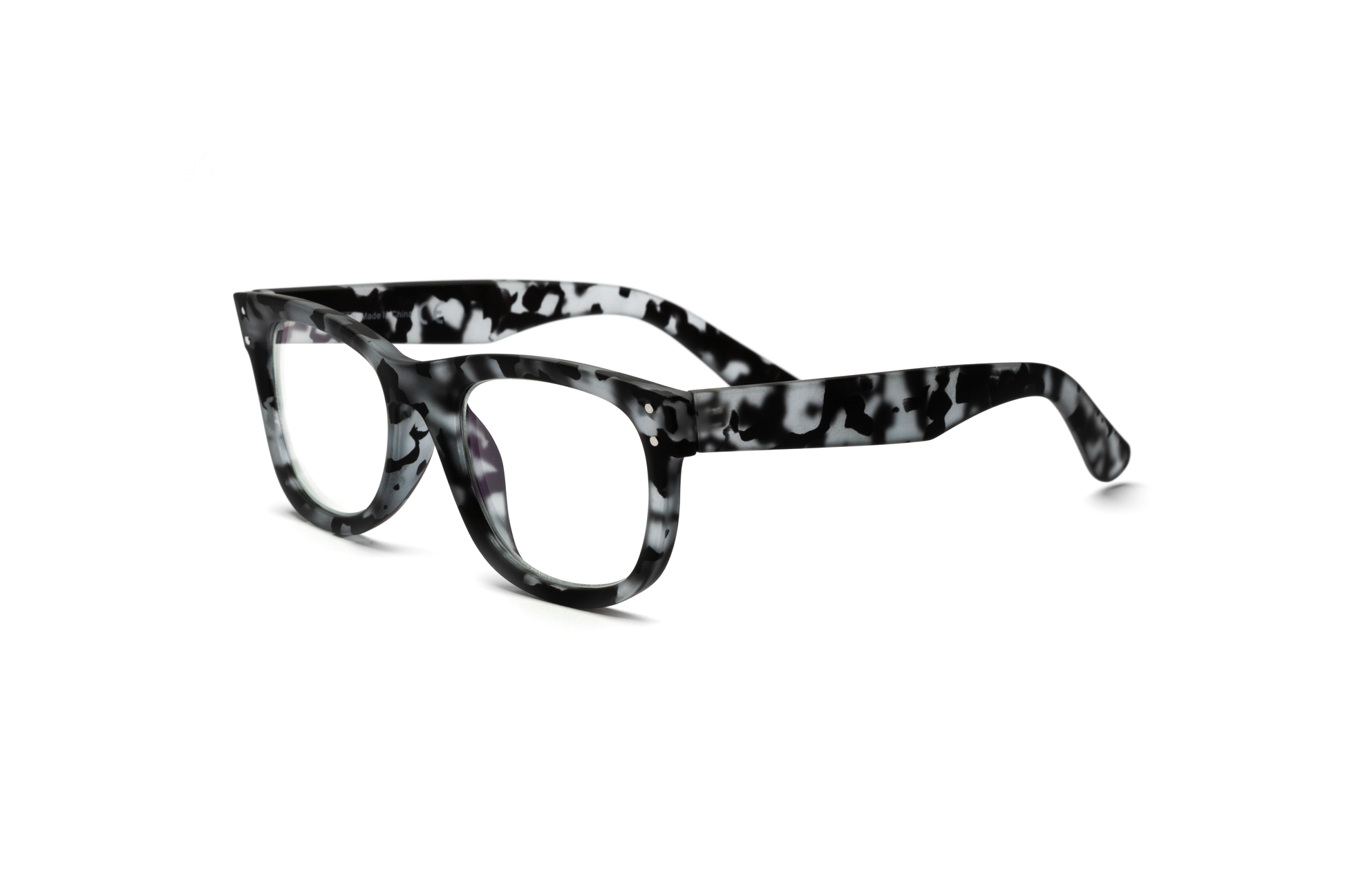 Men’s wayfarer reading and blue light glasses in a matte gray tortoise finish, displayed on a white background. The subtle mix of gray and tortoise tones paired with a rubberized texture gives the classic frame a sleek, masculine, and contemporary feel.