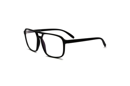 Men’s square aviator reading and computer glasses in a matte black finish, shown on a white background. The rubberized texture and strong lines give the frame a sleek, masculine look that’s perfect for screen time or daily wear.