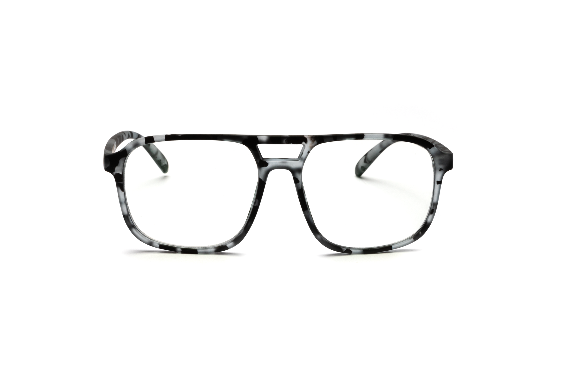 Men’s square aviator reading and computer glasses in a matte gray tortoise finish, displayed on a white background. The mix of gray and tortoise tones with a rubberized matte texture gives the frame a refined, masculine, and contemporary look.