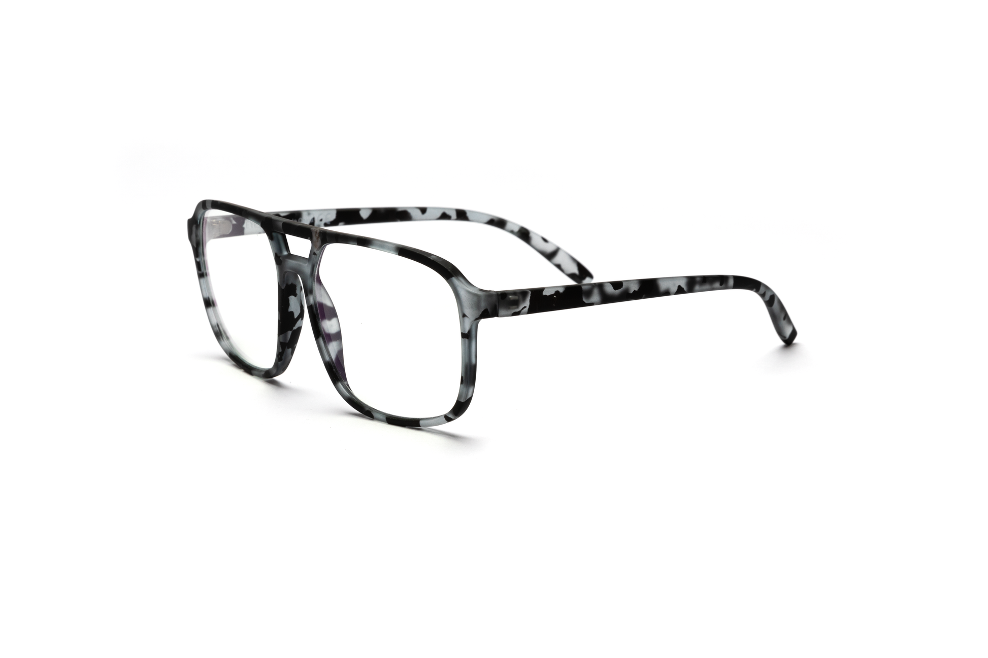 Men’s square aviator reading and computer glasses in a matte gray tortoise finish, displayed on a white background. The mix of gray and tortoise tones with a rubberized matte texture gives the frame a refined, masculine, and contemporary look.