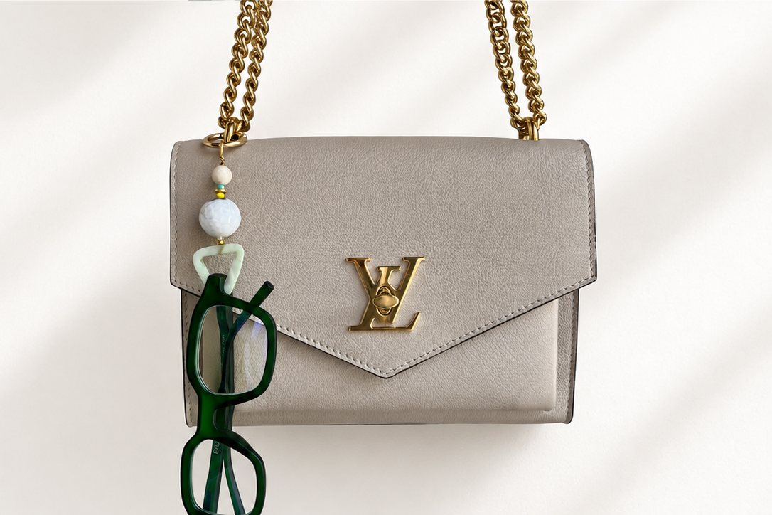 A light beige leather Louis Vuitton shoulder bag with a gold-tone chain strap and a gold-tone LV logo on the front flap. A green eyeglasses keychain charm hangs from the strap.