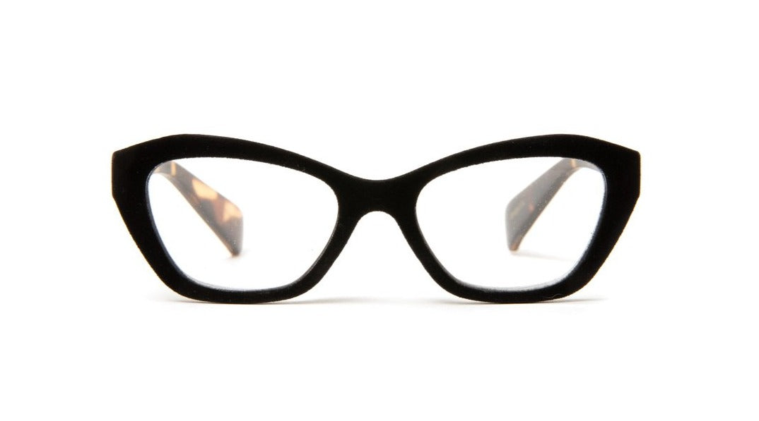 black velvet cateye reading glasses for women with matte tortoise temples