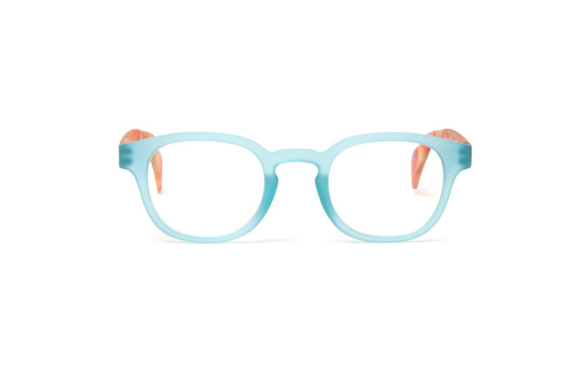 Matte blue and orange rubberized designer reading glasses for men and women by Eyejets