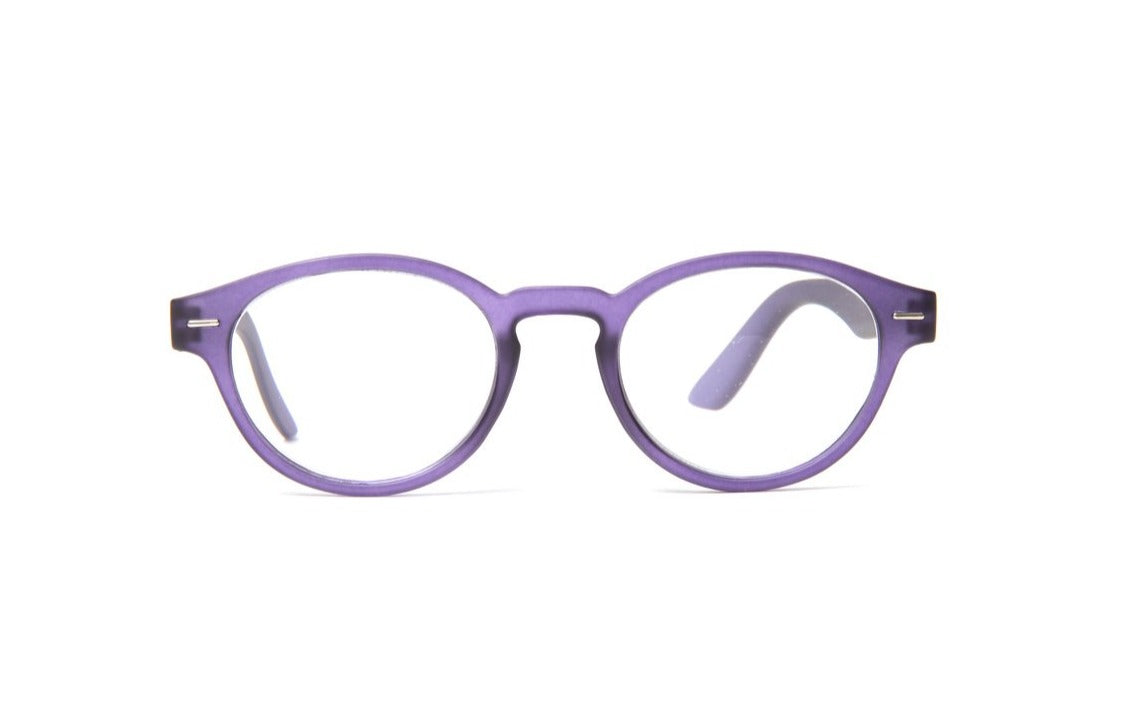 Matte purple round funky cool designer reading glasses for women by Eyejets
