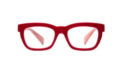 red flocked velvet reading glasses for women by Eyejets