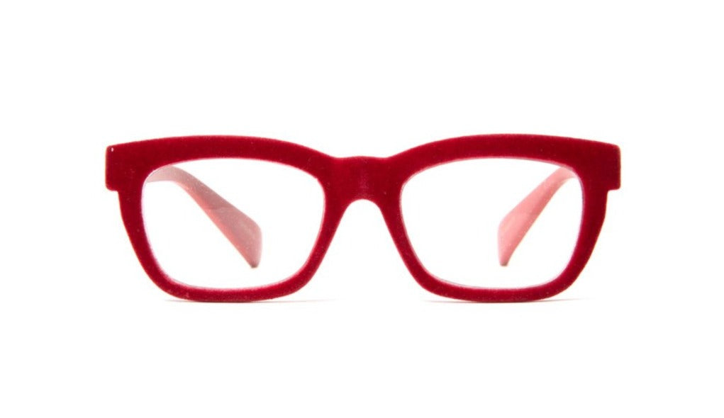 red flocked velvet reading glasses for women by Eyejets