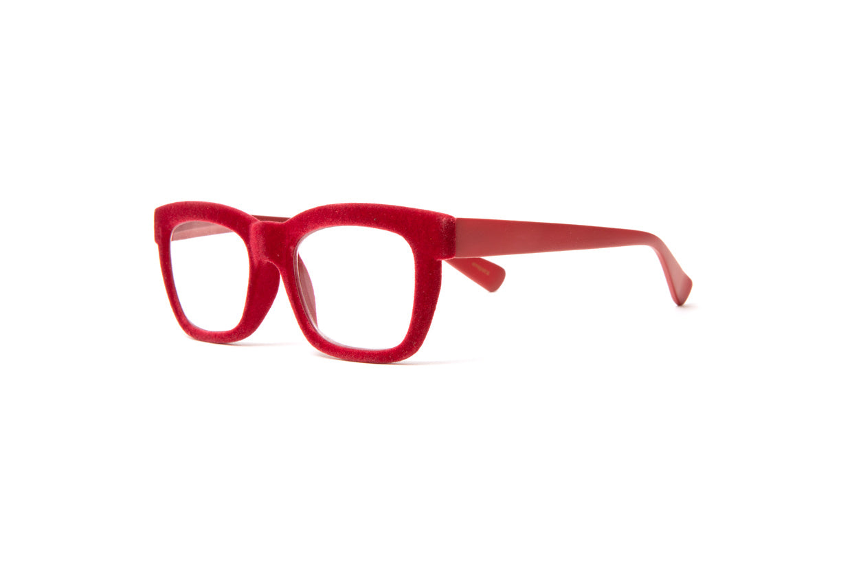 red flocked velvet reading glasses for women by Eyejets
