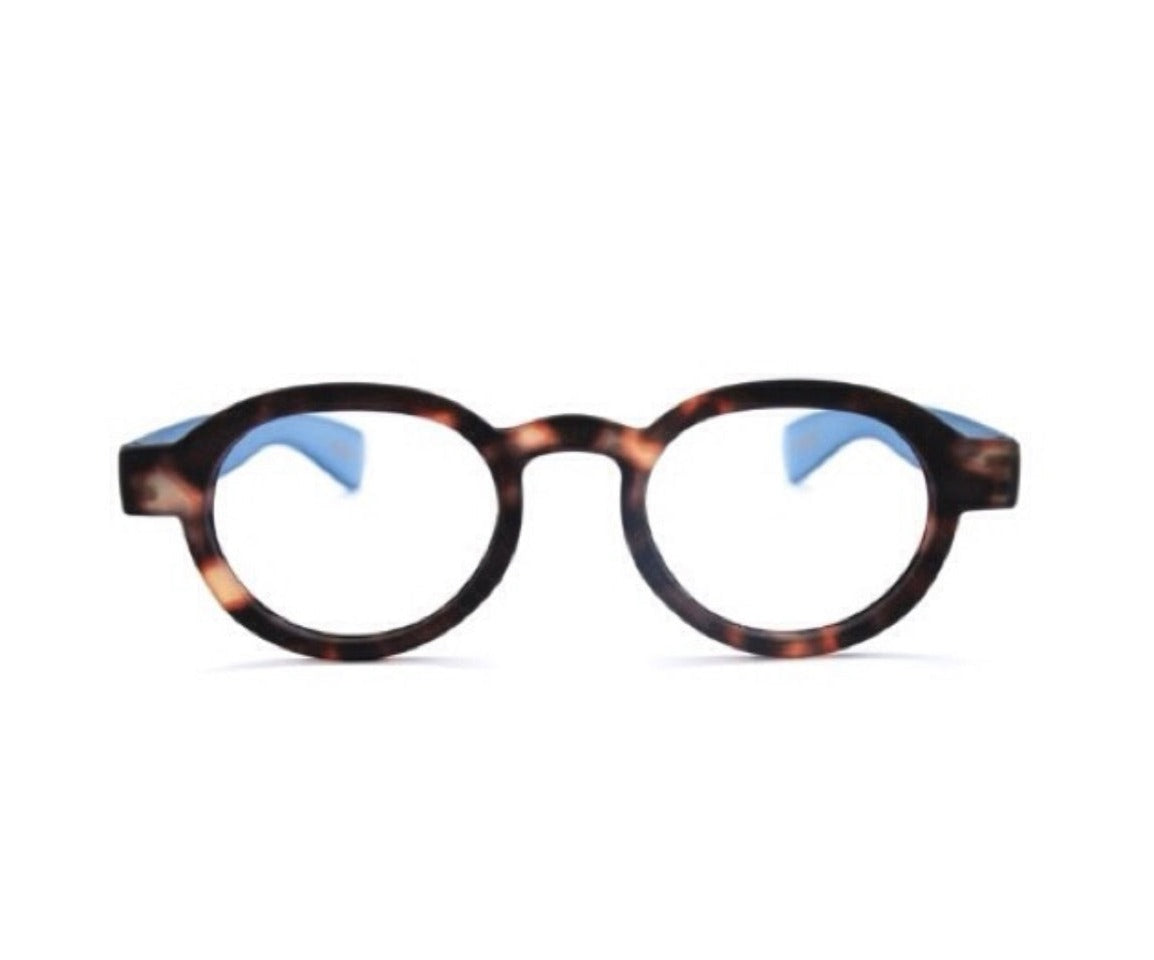 London tortoise round reading glasses with blue temples by Eyejets