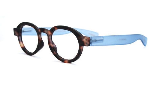 London tortoise round reading glasses with blue temples by Eyejets