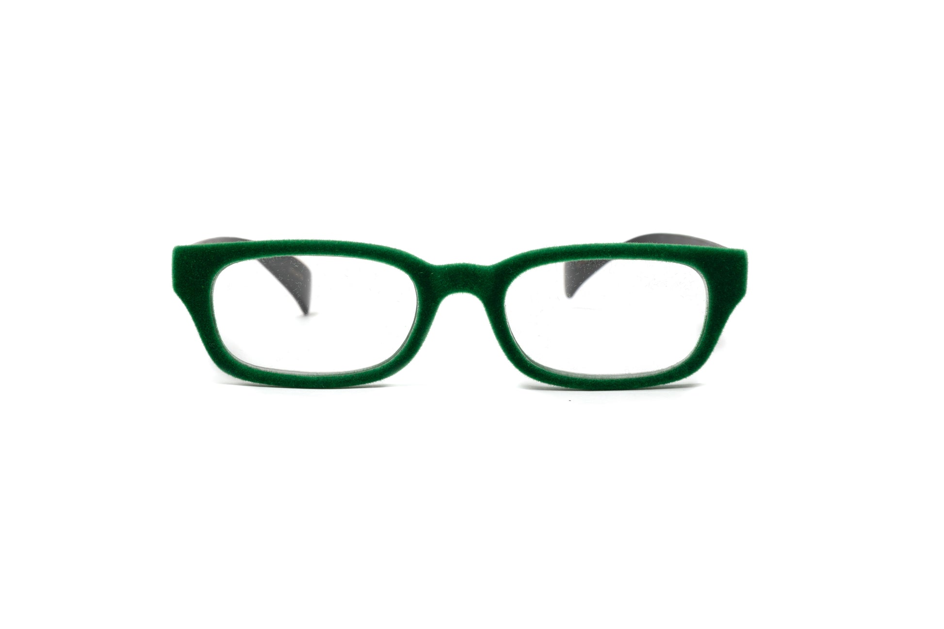 Green velvet rimmed reading glasses with matte black temples by Eyejets