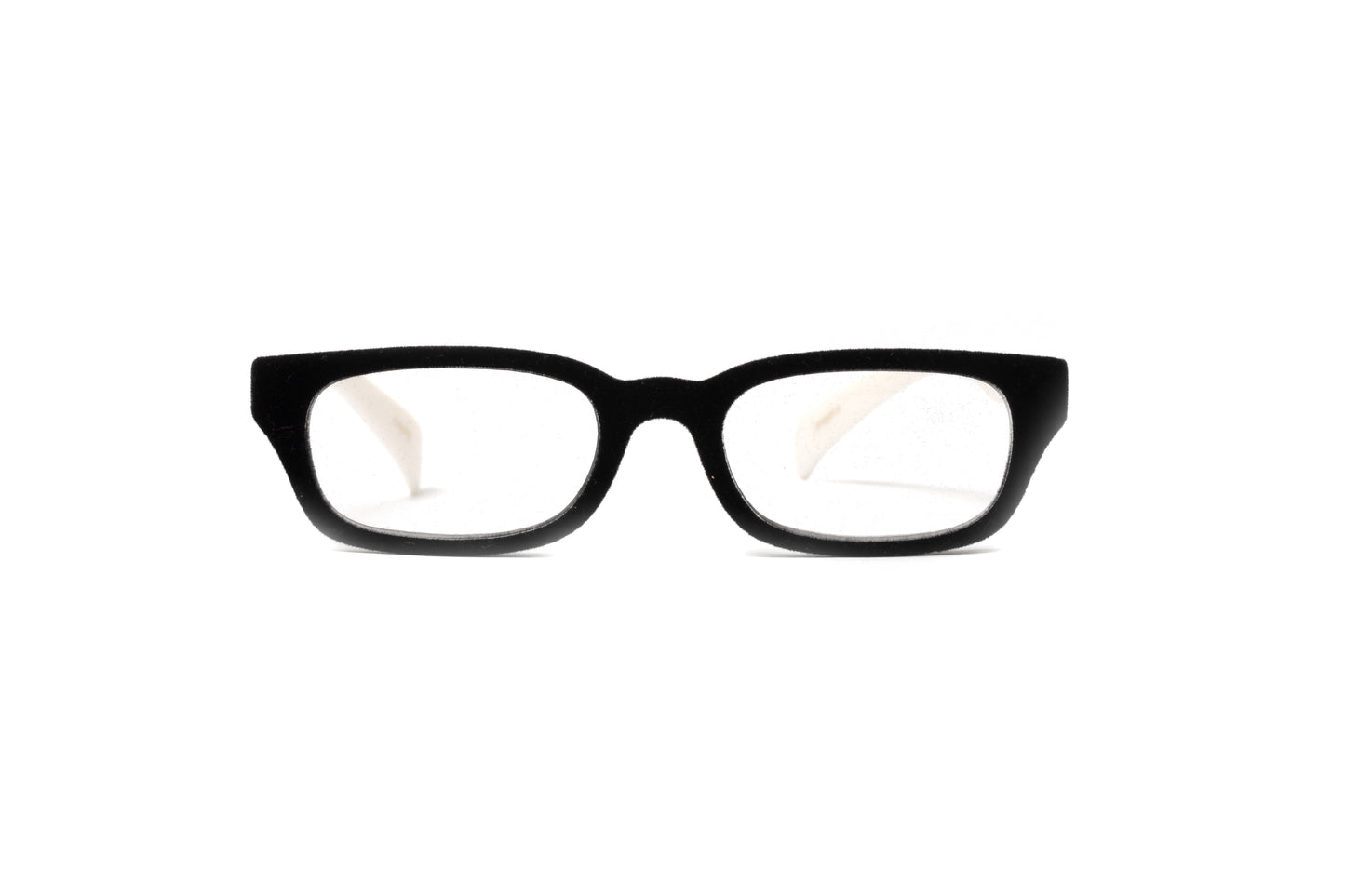 Black velvet rimmed reading glasses with matte white temples for women by Eyejets
