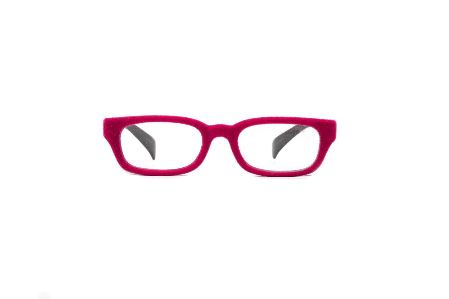 Pink velvet rimmed rectangular reading glasses with matte black temples by Eyejets