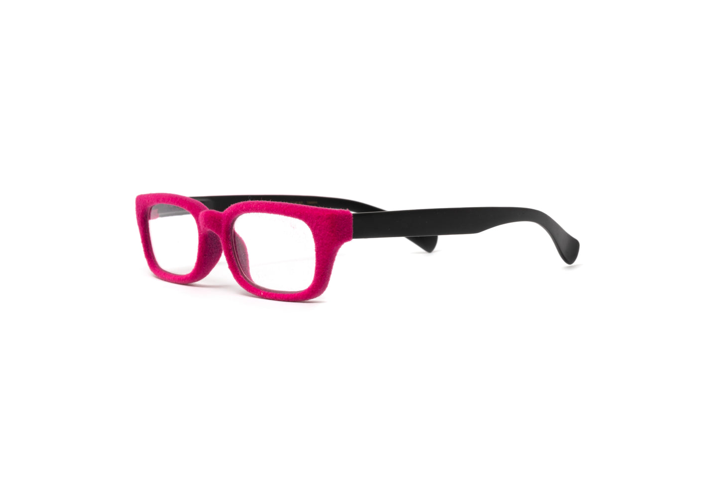 Pink velvet rimmed rectangular reading glasses with matte black temples by Eyejets