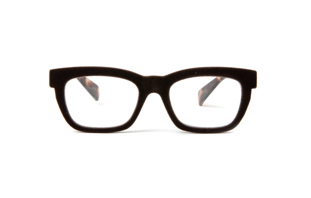 Brown velvet rimmed quality reading glasses with tortoise temples by eyejets