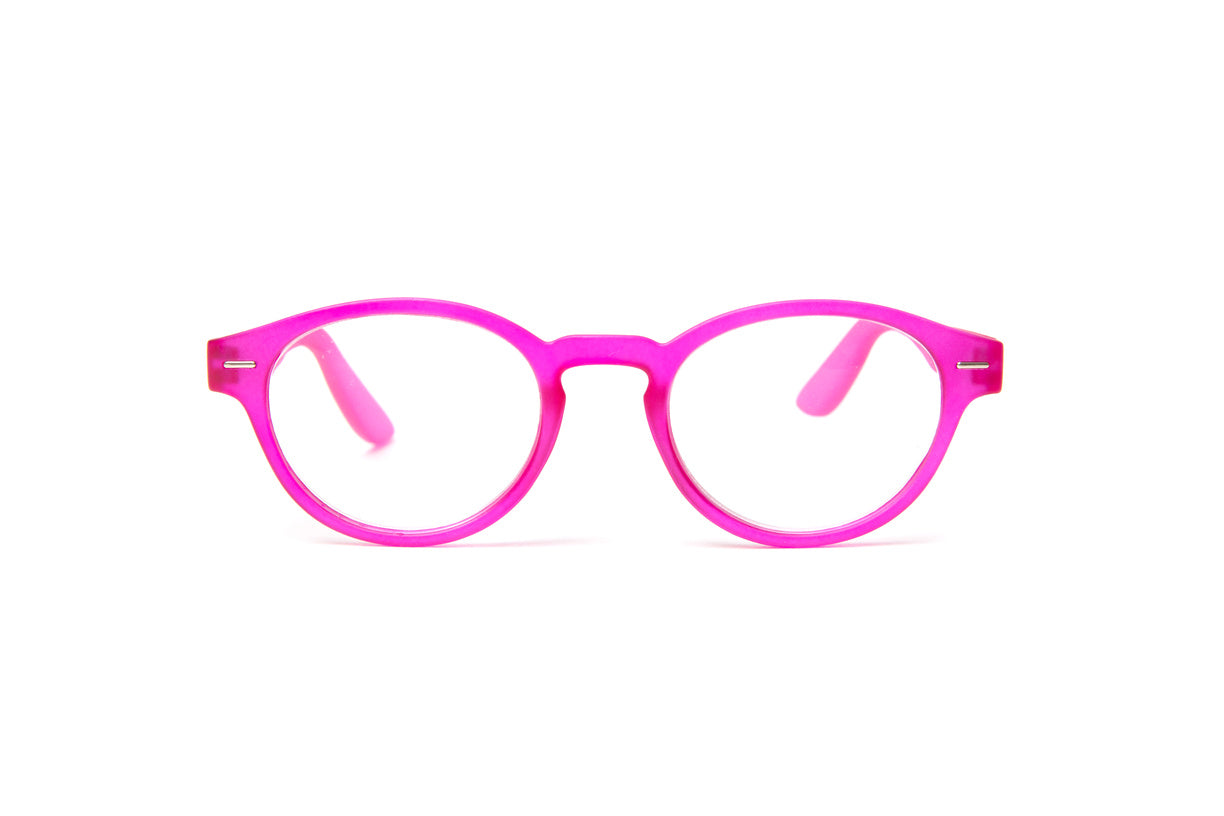 Matte fuchsia pink designer reading glasses for women, Round trendy reading glasses by Eyejets
