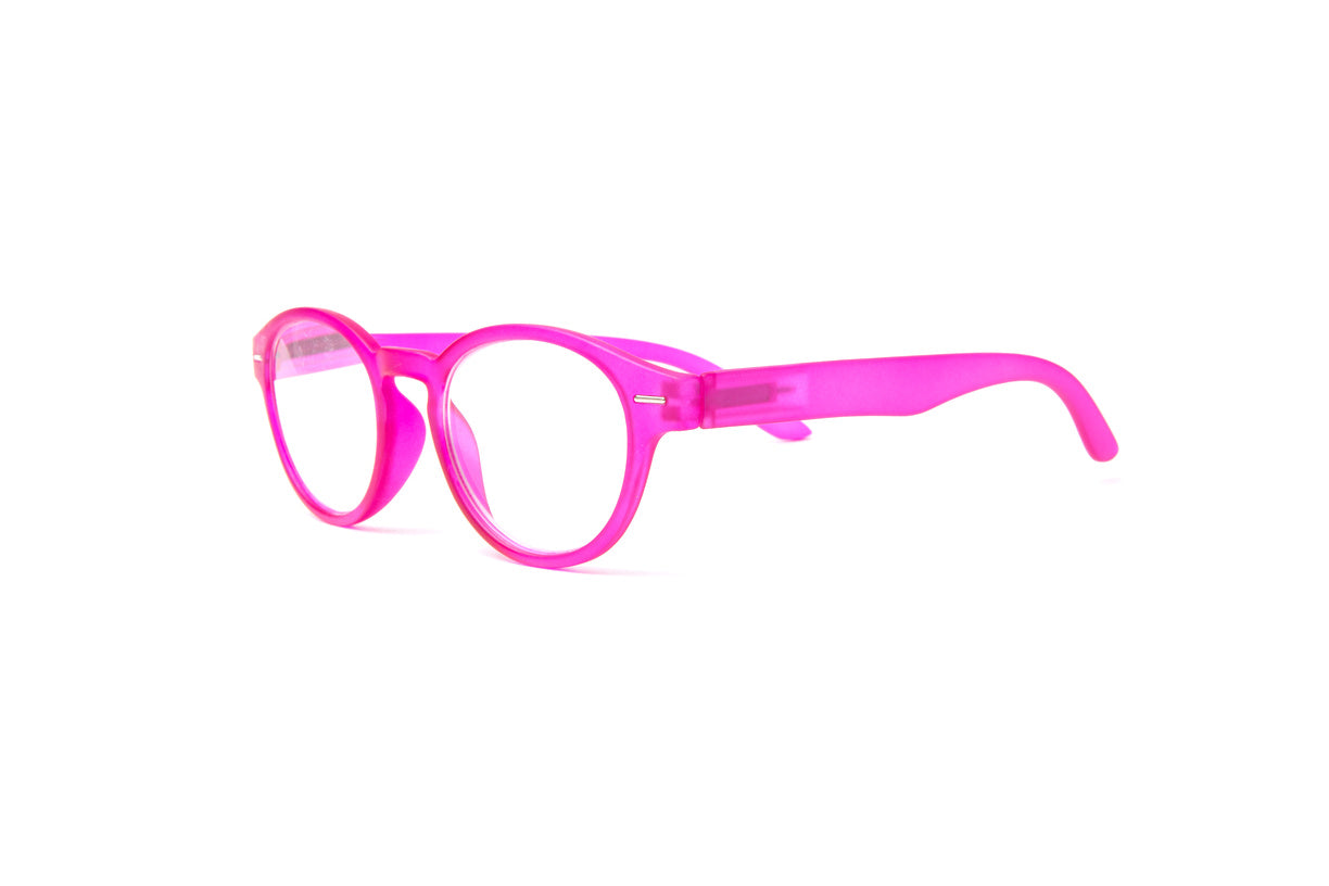 Matte fuchsia pink designer reading glasses for women, Round trendy reading glasses by Eyejets