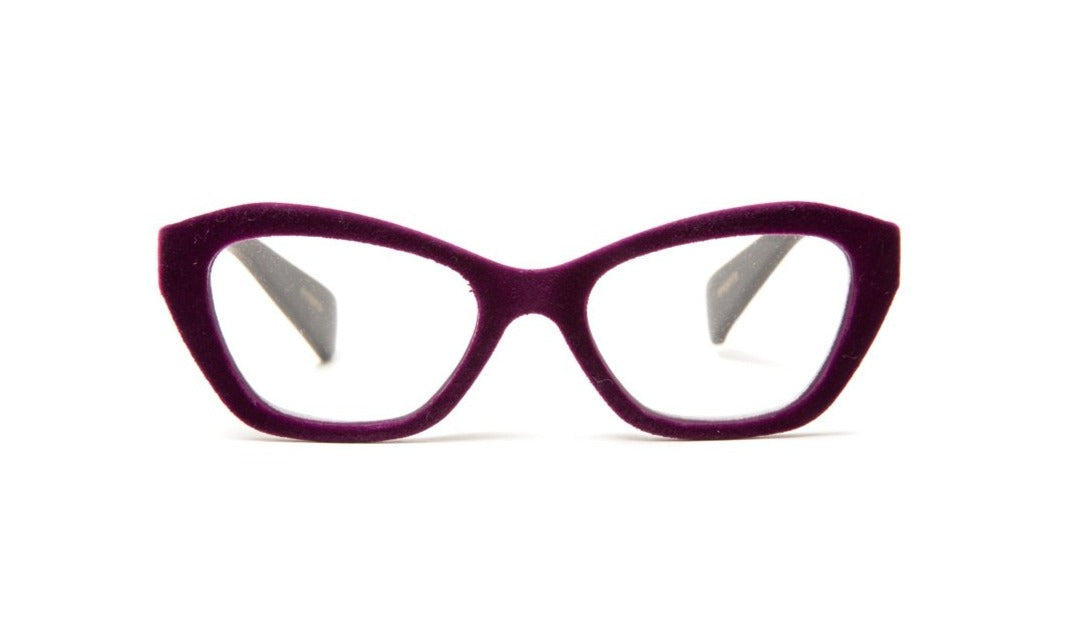 purple velvet cateye colorful reading glasses with matte black temples by Eyejets