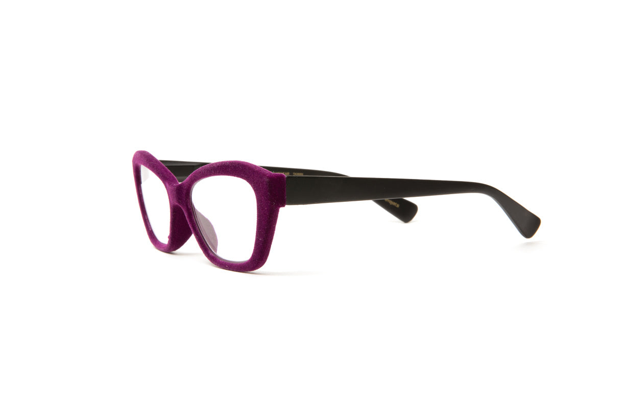 purple velvet cateye colorful reading glasses with matte black temples by Eyejets