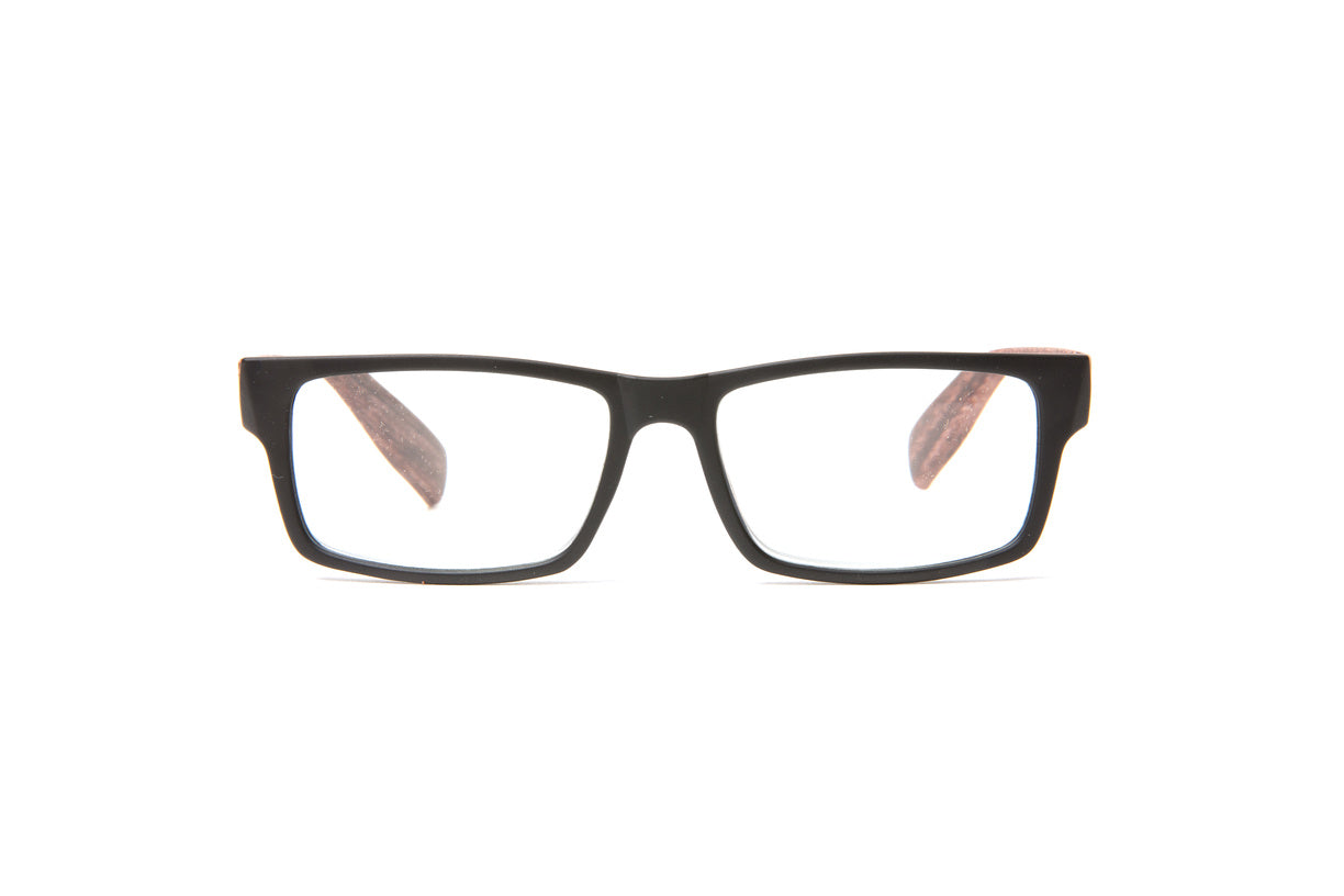 Matte black reading glasses for men with dark wood grain temples by Eyejets