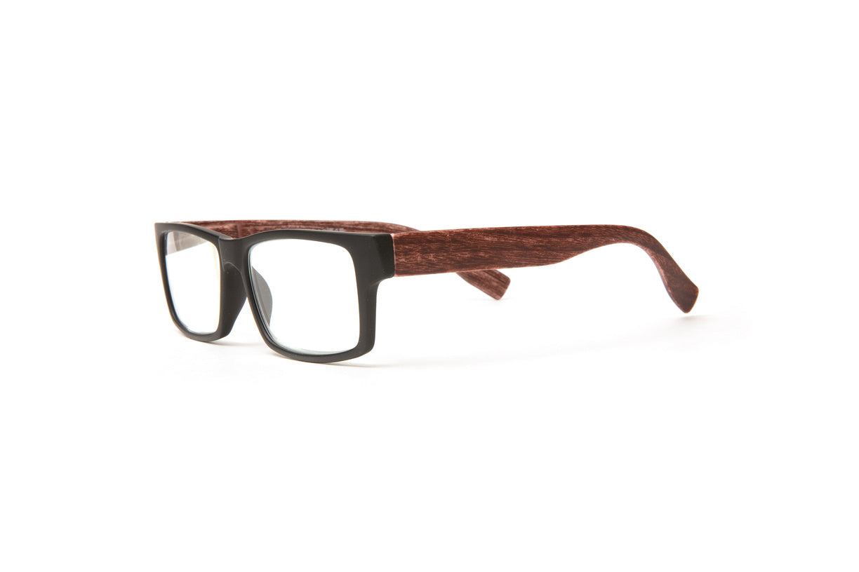 Matte black reading glasses for men with dark wood grain temples by Eyejets